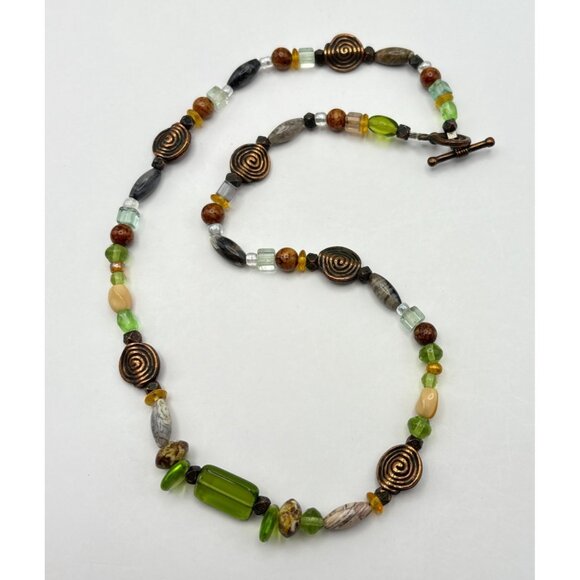 Earth Tone Beaded Necklace with Copper Spiral Accents Faux Stone Boho Nature - Picture 7 of 7
